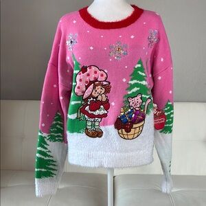 Strawberry Shortcake and Kitty Cat Embroidered & Sequin Pink/White Sweater